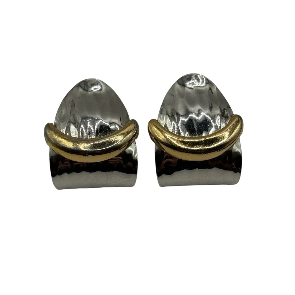 Vintage Napier Earrings Silver‎ & Gold Tone Huggie Hoop Hammered Design Layered